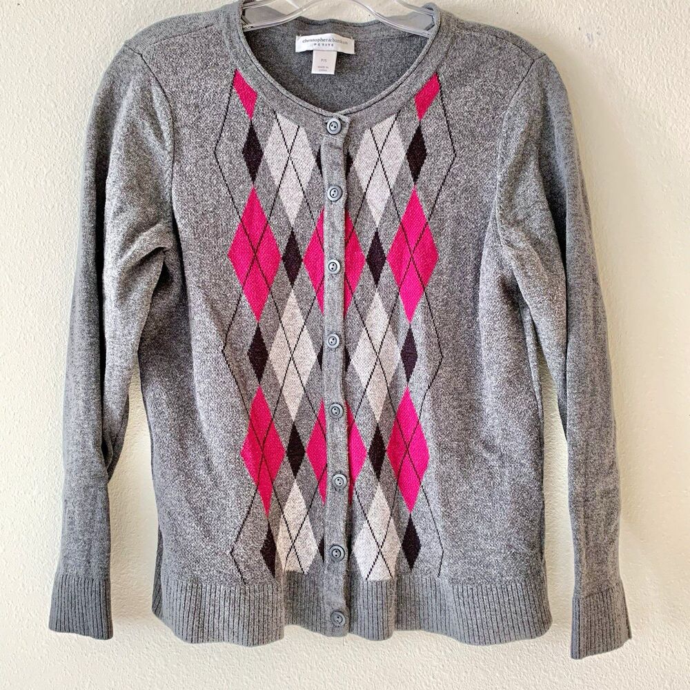 Christopher & Banks Petite P/S Gray Argyle Cotton Button Up Cardigan Long Sleeve